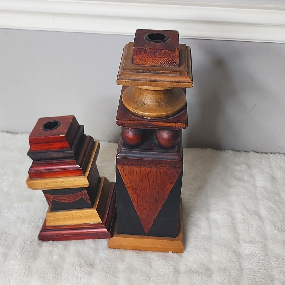 Mid Century Modern Geometric Solid Wood Candle Holder.
